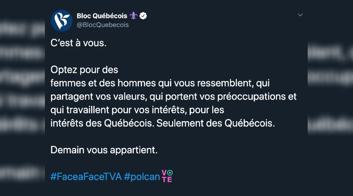 Screengrab of Bloc Québécois tweet sent Wednesday evening after the first French-language federal leaders' debate hosted by TVA. 