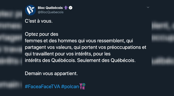 Screengrab of Bloc Québécois tweet sent Wednesday evening after the first French-language federal leaders' debate hosted by TVA.