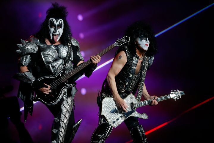 Gene Simmons and Paul Stanley, of the rock band Kiss performs at the Domination music festival in Mexico City, Friday, May 3, 2019. (AP Photo/Eduardo Verdugo)