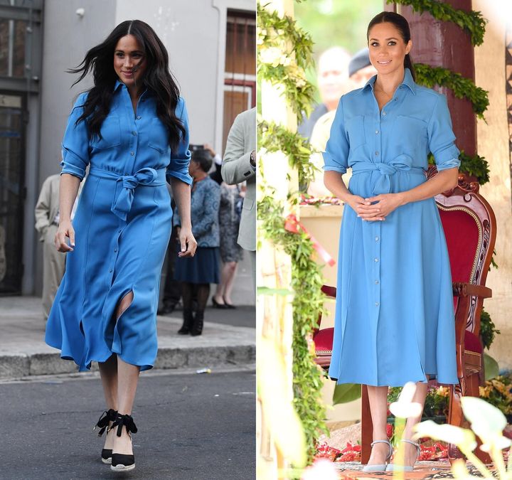 (Left) Meghan leaves the District Six Museum in Cape Town on Sept. 23, 2019, the first day of their African tour. (Right) She attends the unveiling of The Queen's Commonwealth Canopy at Tupou College on Oct. 26, 2018, in Nuku'alofa, Tonga.