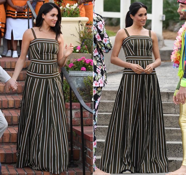(Left) Meghan attends a reception for young people, community and civil society leaders at the Residence of the British High Commissioner in Cape Town on Sept. 24, 2019. (Right) She joins a local surfing community group known as OneWave, which raises awareness for mental health and wellbeing, at Bondi Beach in Sydney on Oct. 19, 2018.