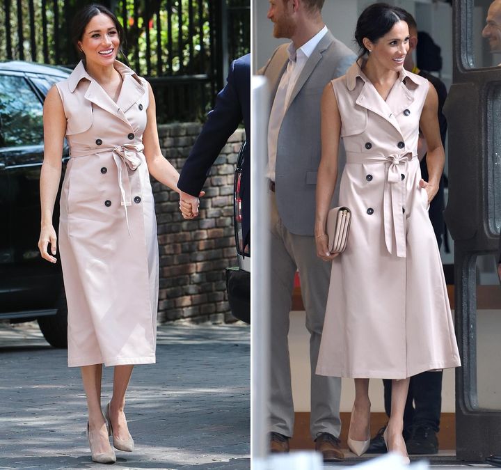 (Left) The Duchess of Sussex arrives to meet Graça Machel, widow of the late Nelson Mandela, on Oct. 2, 2019, in Johannesburg. (Right) Meghan departs after visiting the Nelson Mandela Centenary Exhibition on July 17, 2018, in London.