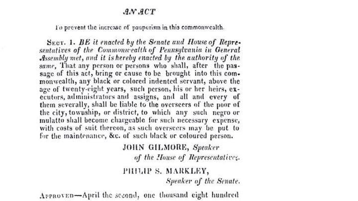 An excerpt of an 1820 Pennsylvania law restricting African American entry into the state.