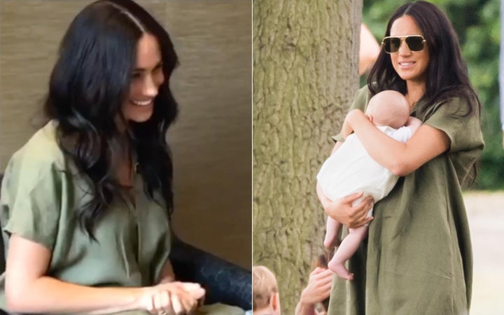 (Left) Meghan on a Skype call with the Nalikule College of Education on Sept. 29, 2019. (Right) The Duchess of Sussex at the King Power Royal Charity Polo Day on July 10, 2019, in Wokingham, England.