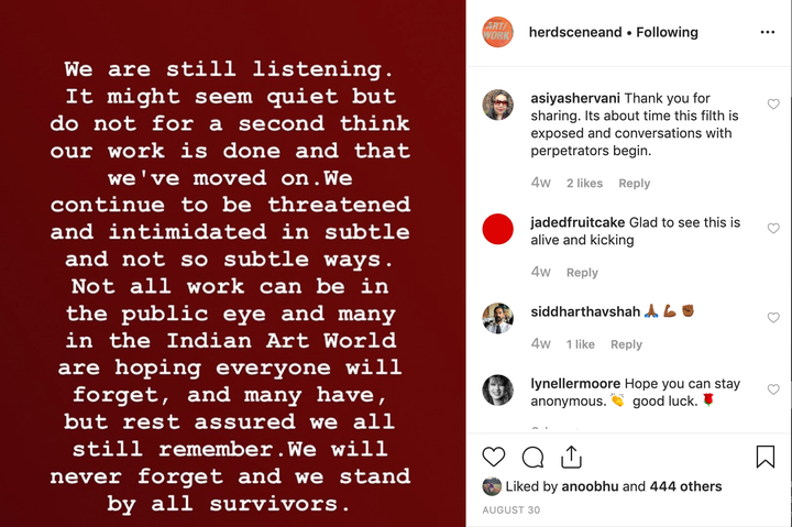 The account's last post on August 30 reiterated the collective's support for all survivors.