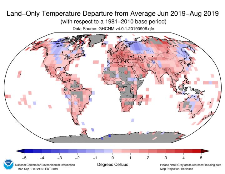 A map, provided by NOAA, which indicates the way in which temperatures departed from the average from June-August 2019. 