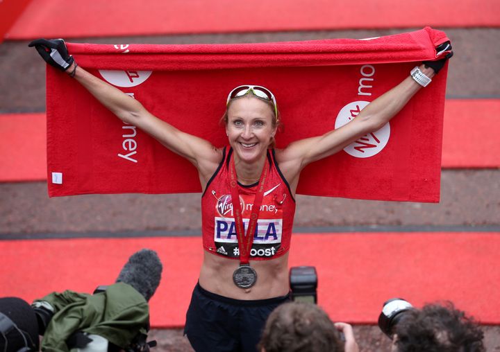 Paula Radcliffe celebrates completing the 2015 Virgin Money London Marathon.