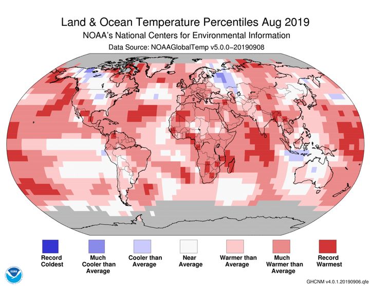A percentile map showing deviations worldwide from the August average temperatures 