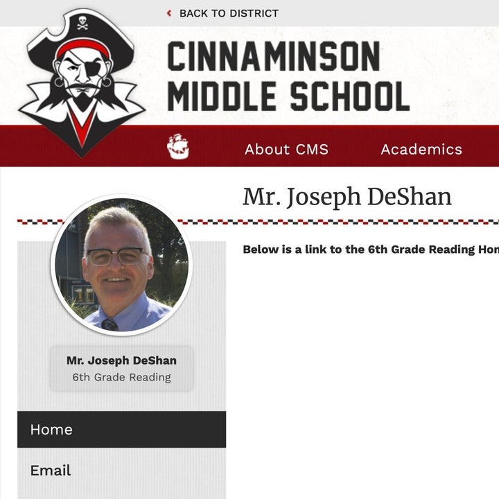 This Oct. 1, 2019 image made from the Cinnaminson, N.J., Middle School website shows part of a page for Joseph Michael DeShan. School administrators in Cinnaminson knew for years that the sixth-grade teacher had been forced from the priesthood in 1989 for impregnating a teen parishioner in Bridgeport, Conn. But nearly two decades later, he remained in a classroom. The district would not disclose DeShan's current status and he did not return calls for comment, but parents say he is not in a classroom this fall.