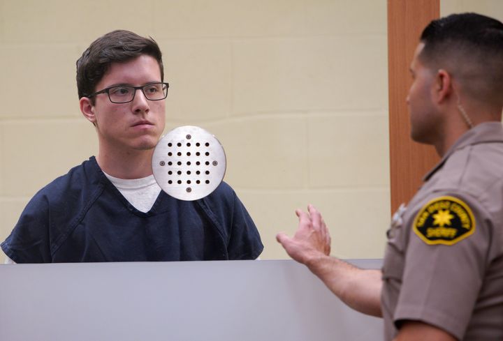 John T. Earnest (L) stands at his arraignment hearing in San Diego County Superior Court on April 30, 2019 in San Diego, California. 