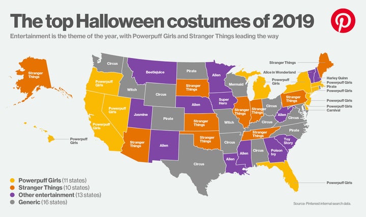 A map of the top Halloween costumes of 2019, according to Pinterest.