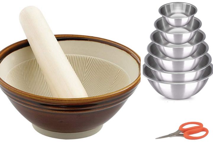 From left, clockwise: Mortar and pestle, set of mixing bowls, kitchen shears.