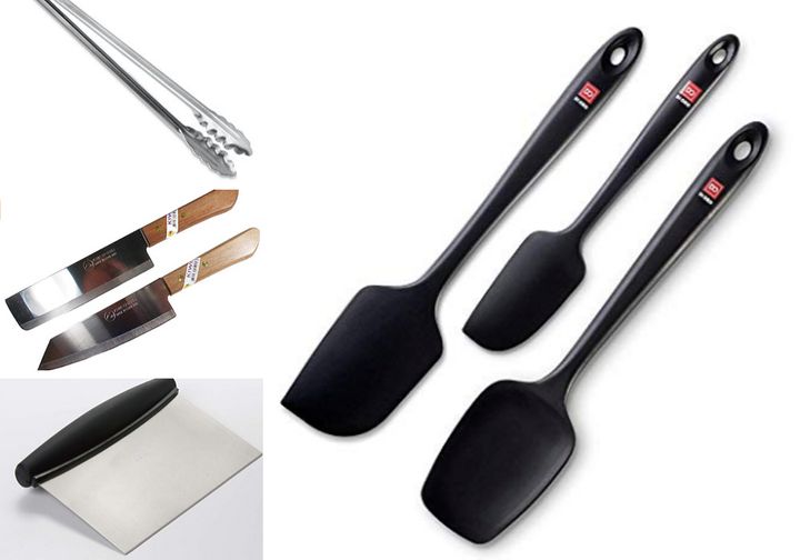 From right, clockwise: Silicone spatulas, bench scraper, chef's knives, tongs.