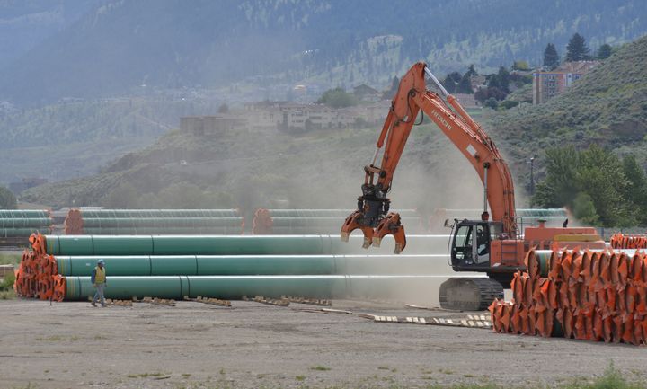 Steel pipe to be used in the oil pipeline construction of the Trans Mountain Expansion Project in Kamloops, B.C. on May 29, 2018.