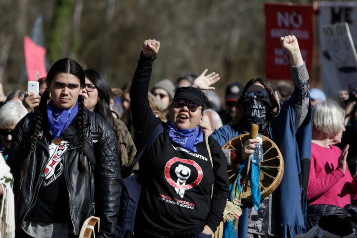 Indigenous groups and others demonstrate against the expansion of the Trans Mountain pipeline project in Burnaby, B.C. on March 10, 2018.