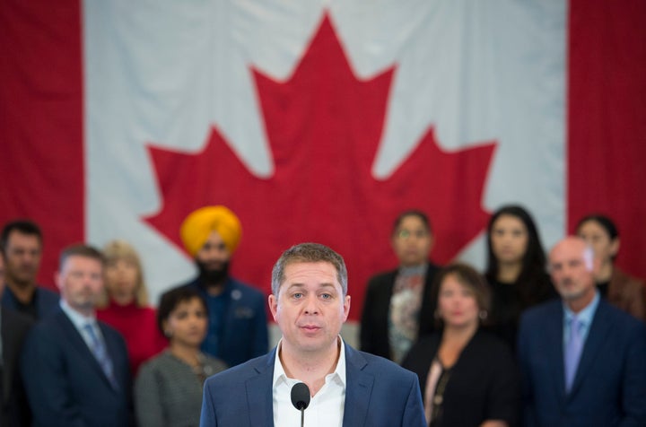 Conservative leader Andrew Scheer addresses the media during a morning announcement during a campaign stop in Toronto on Oct. 4, 2019.
