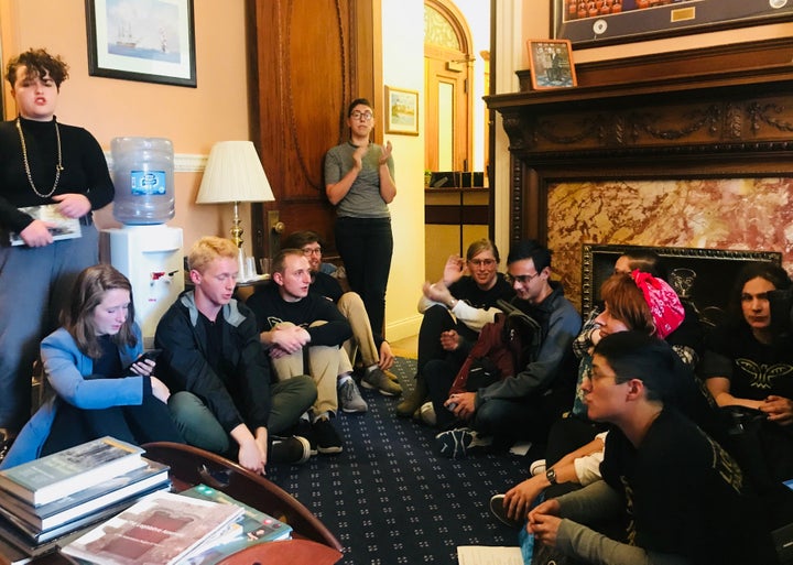 Jewish activists with the group Never Again Action on Thursday joined with members of Movimiento Cosecha, which advocates for undocumented immigrants, to stage a sit-in at the office of Massachusetts House Speaker Robert DeLeo (D) in Boston. The protesters were urging support for legislation that allows undocumented immigrants to get state driver’s licenses.