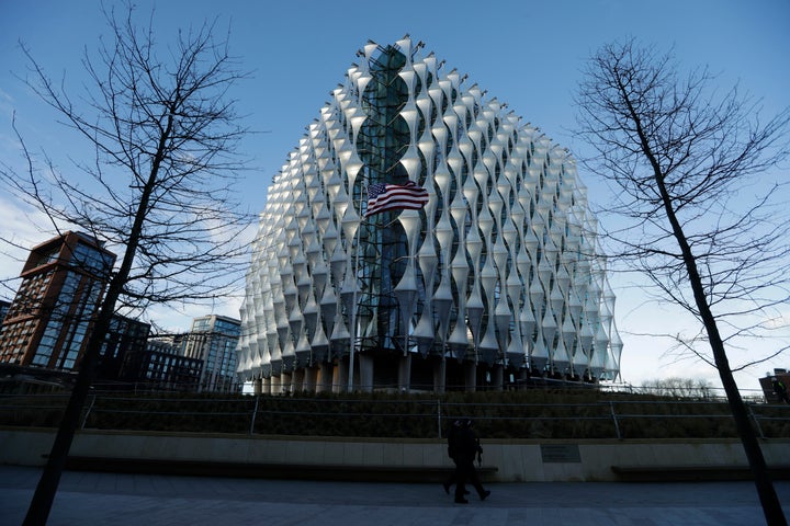 British police officers patrol the United States Embassy building in London in January 2018.