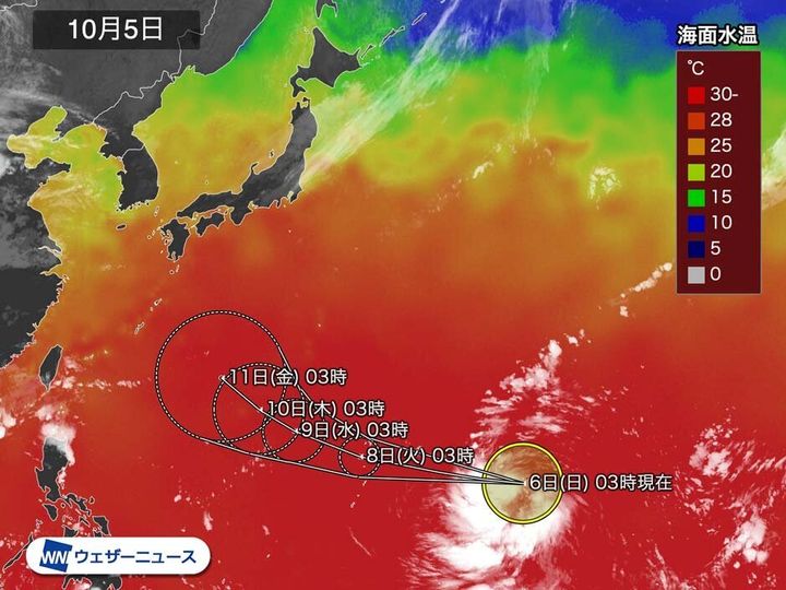 5日(土)の海面水温の状況と、台風19号の予想進路