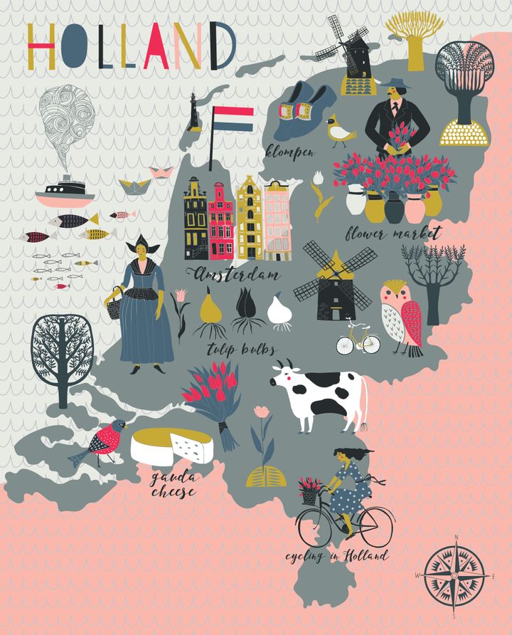 Cartoon Map of Holland with illustrations of landmarks and Legend Icons