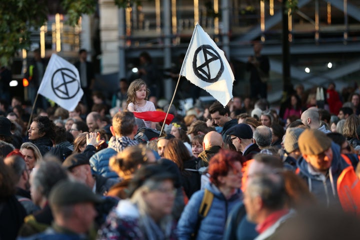 Extinction Rebellion protesters holding an opening ceremony at Marble Arch in London.