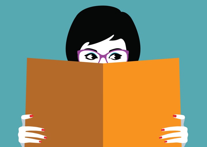 Vector illustration of the beautiful girl face behind big book