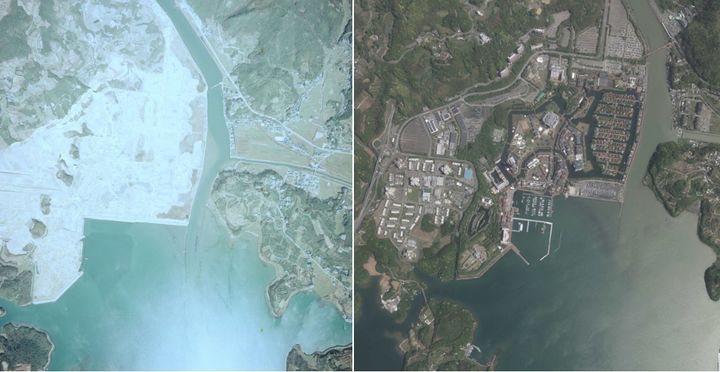 現在のハウステンボスにあたる敷地の、1975年（左）と2016年の様子を比較したもの。緑が青々と茂り、自然豊かな場所になったことがわかる