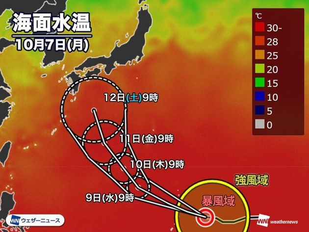 5日(土)の海面水温の状況と、台風19号の予想進路