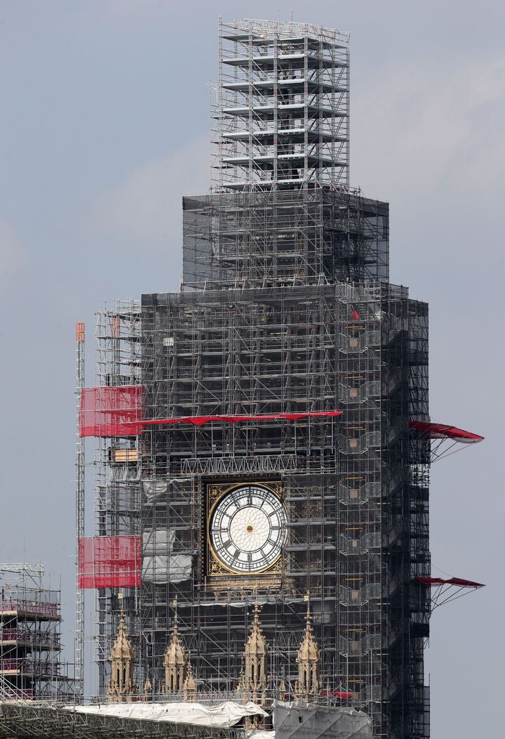 The clock hands of Elizabeth Tower at the Palace of Westminster have been removed for maintenance and restoration work.