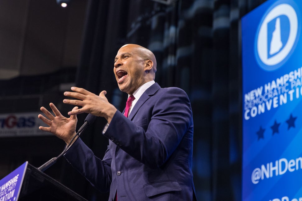 Democratic presidential candidate Cory Booker speaks at the New Hampshire Democratic Party Convention in Manchester on Sept.