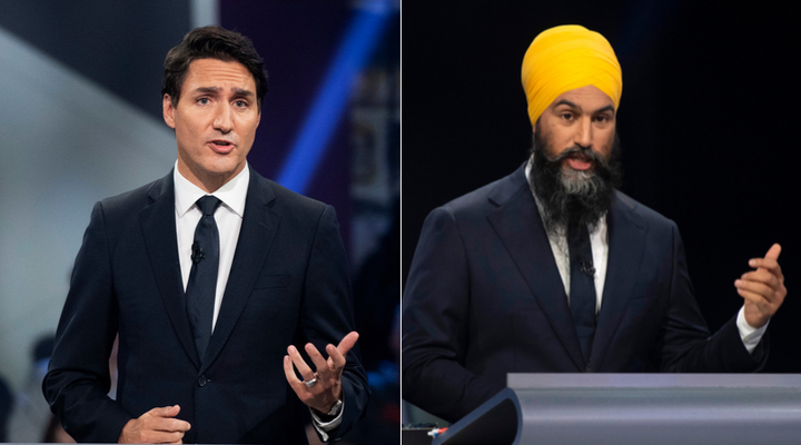 Liberal Leader Justin Trudeau and NDP Leader Jagmeet Singh participate in the English-language federal leaders' debate at the Canadians museum of history on Oct. 7, 2019.