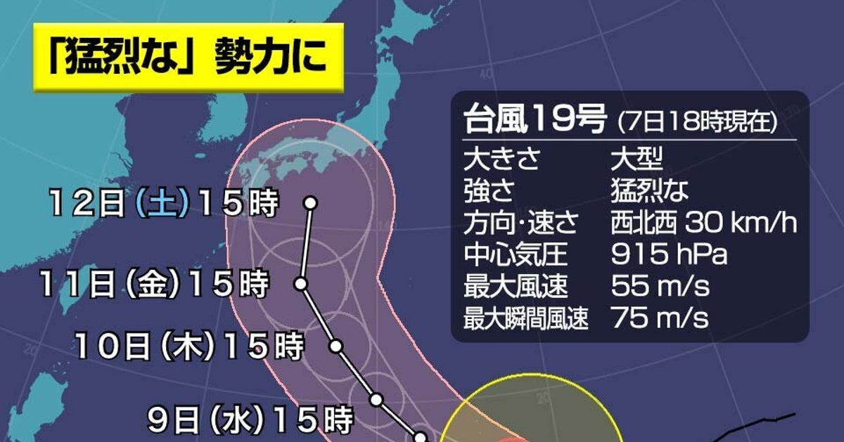 大型台風19号「猛烈な」勢力に 15号と同等の被害の恐れも 三連休に東京など関東に接近へ
