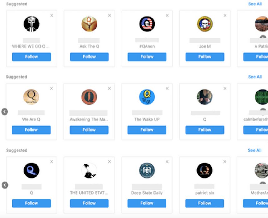 Instagram-recommended QAnon accounts (usernames redacted by HuffPost).