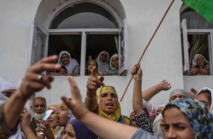 Kashmiri women shout slogans in Anchar neighbourhood after Friday prayers during restrictions in Srinagar September 20, 2019.