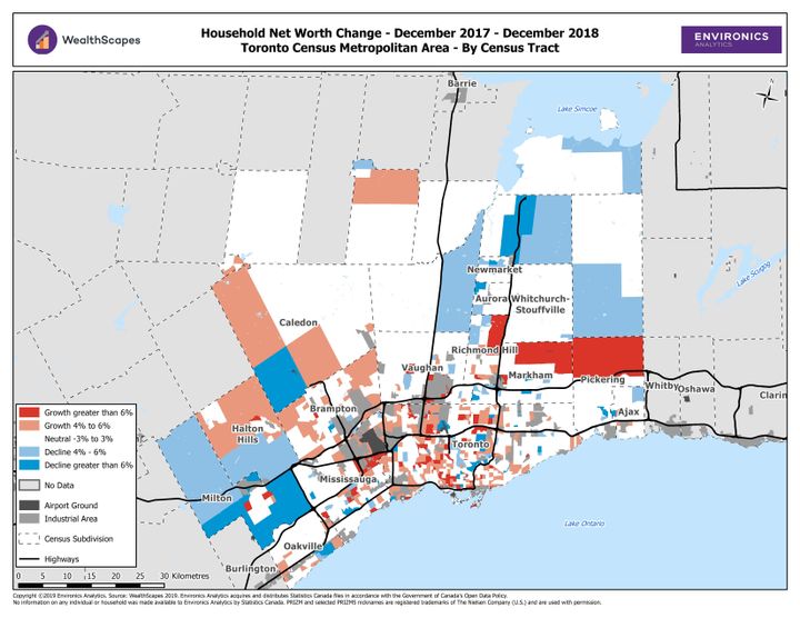 In Toronto, areas where net worth fell in 2018 (blue) are concentrated in outlying neighbourhoods, while areas that saw net worth grow (red) dominated the inner city.