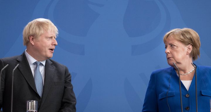 Prime Minister Boris Johnson and German Chancellor Angela Merkel in Berlin, ahead of talks to try to break the Brexit deadlock. 