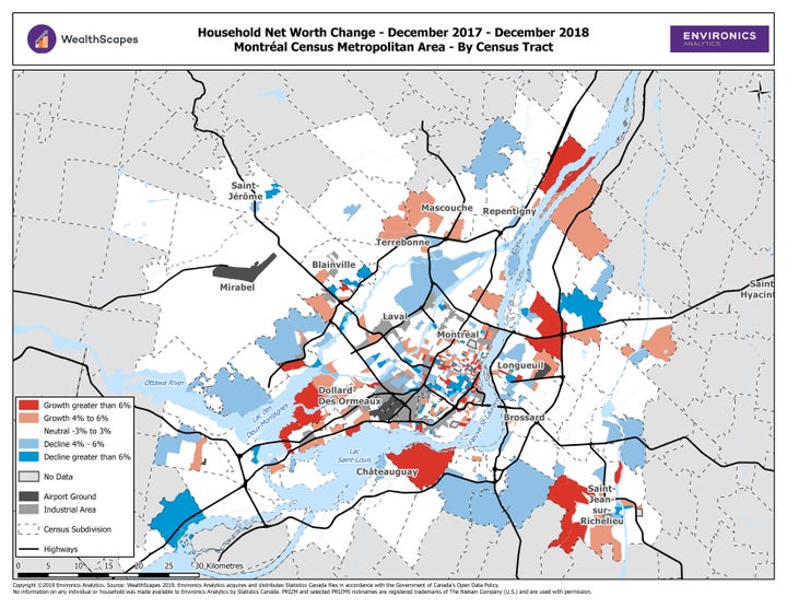 In Montreal, growth in net worth (red) was concentrated in the inner city and the West Island in 2018, while many outlying areas saw a decline (blue).