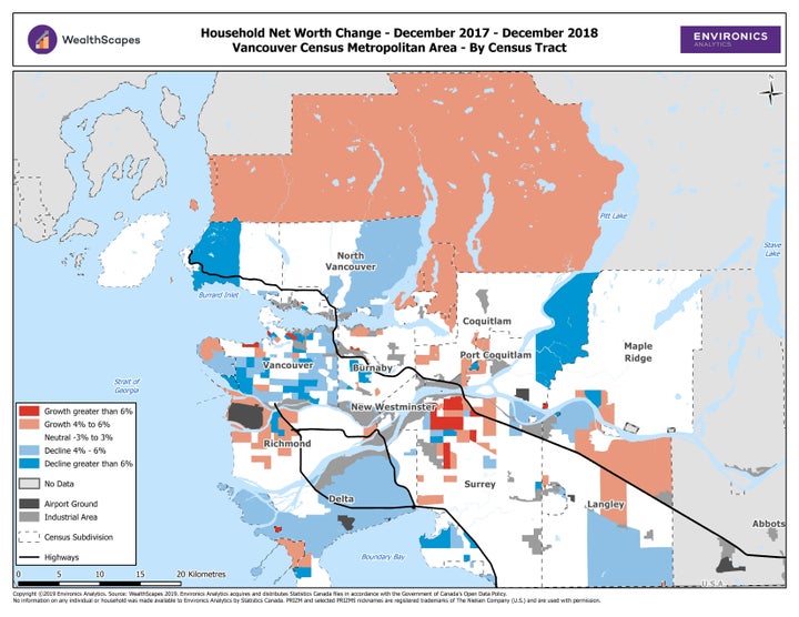 In Vancouver, net worth sank (blue) in the inner city, North Vancouver and West Vancouver, while growing in some suburban areas (red).