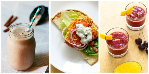 Everyday Eats: Vegan Oatmeal Cookie Protein Smoothie, Tandoori Chicken Burgers With Cucumber Raita, Mango Cherry Vodka Slushie