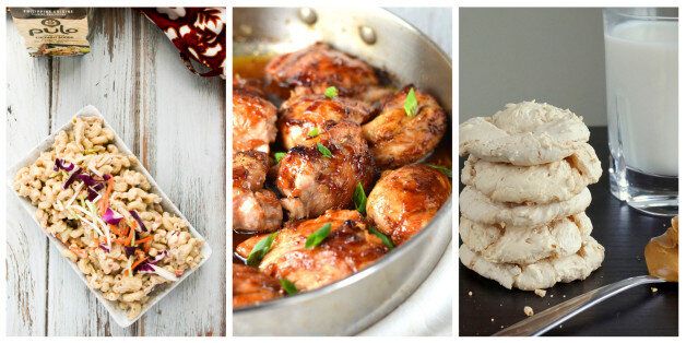 Coconut Adobo Macaroni Salad, Pan Roasted Maple Soy Glazed Chicken, Peanut Butter Meringue Cookies