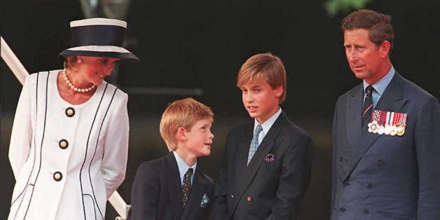 Princess Diana(L), her sons Harry(2nd L) and William(2nd R), and Prince Charles(R) watch the parade march past as part of the commemorations of VJ Day 19 August in London. The commemoration was held outside Buckingham Palace and was attended by 15,000 veterans and tens-of-thousands of spectators. AFP PHOTO (Photo credit should read JOHNNY EGGITT/AFP/Getty Images)