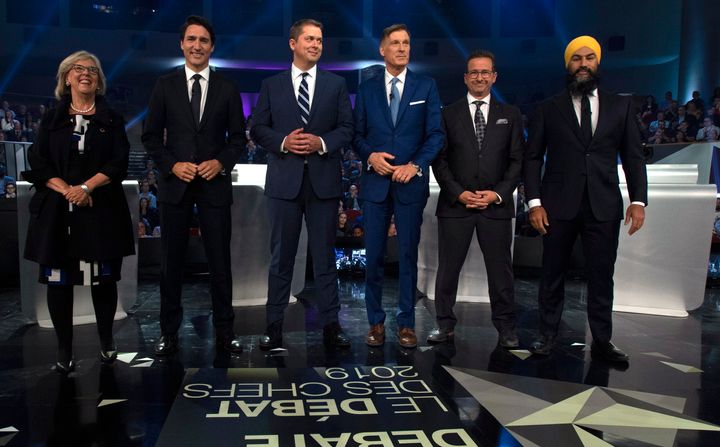 From left to right: Green Party Leader Elizabeth May, Liberal Leader Justin Trudeau, Conservative Leader Andrew Scheer, People's Party Leader Maxime Bernier, Bloc Québécois Leader Yves-François Blanchet, and NDP Leader Jagmeet Singh pose for a photo before a federal leaders' debate earlier this month. 