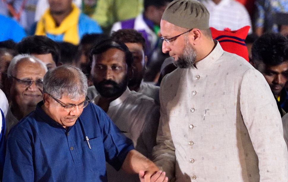 Prakash Ambedkar with Asaduddin Owaisi-led All India Majlis-e-Ittehad-ul-Muslimeen during Lok Sabha election campaign 