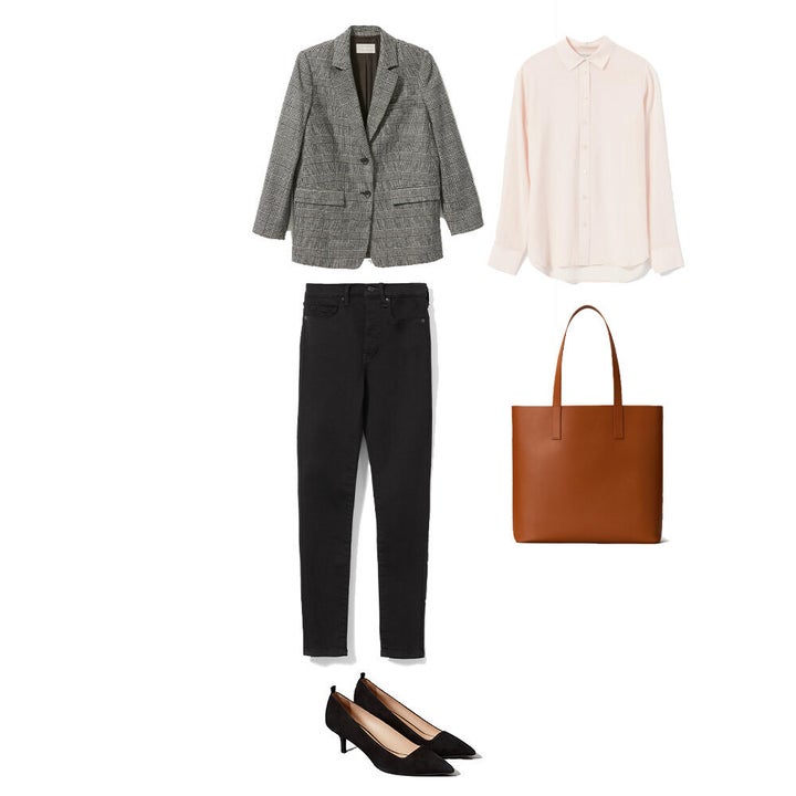 Women's blazer, silk shirt, jeans, heels and bag, all by Everlane.