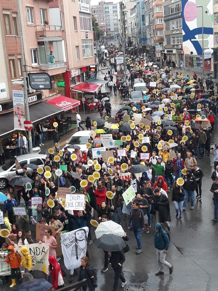 Climate change activists marching in Istanbul on Sept. 20.