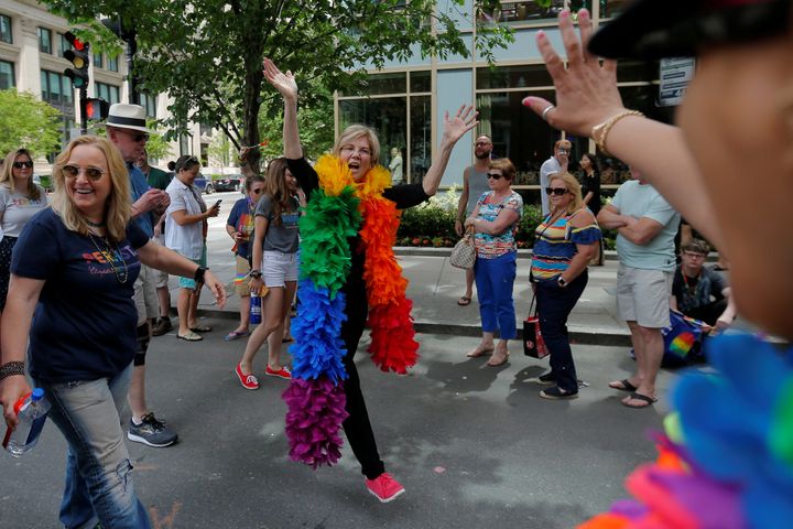 Sen. Elizabeth Warren (D-Mass.) marching in Boston's 48th Pride Parade on June 9, 2018.