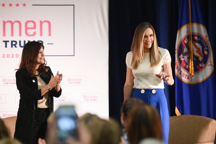 Second Lady Karen Pence, left, and Lara Trump, President Donald's Trump's daughter-in-law, take the stage Wednesday at the start of a "Women for Trump" event at the Union Depot in St. Paul, Minn.