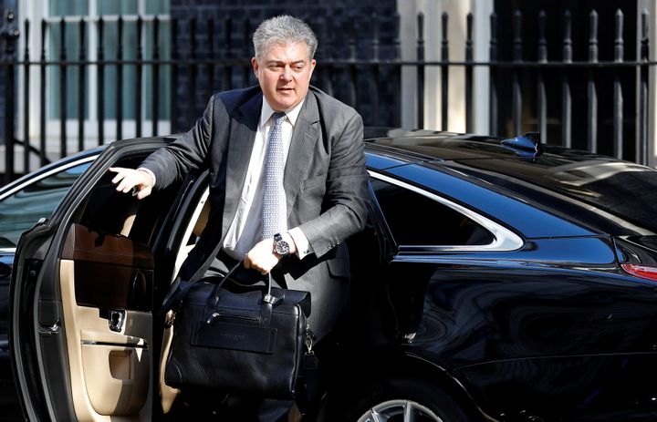 Security minister Brandon Lewis is seen outside Downing Street in May. 