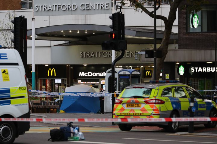 Police in Stratford, east London after a male teenager was fatally stabbed outside Stratford Broadway shortly after 3pm on Thursday.