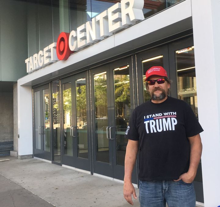 Construction worker Jason Munson, 49, says he only believes information from Infowars or from President Donald Trump directly and that Trump's election was "divine intervention." He likens Trump rallies to religious revivals. Thursday's was the third he's attended.